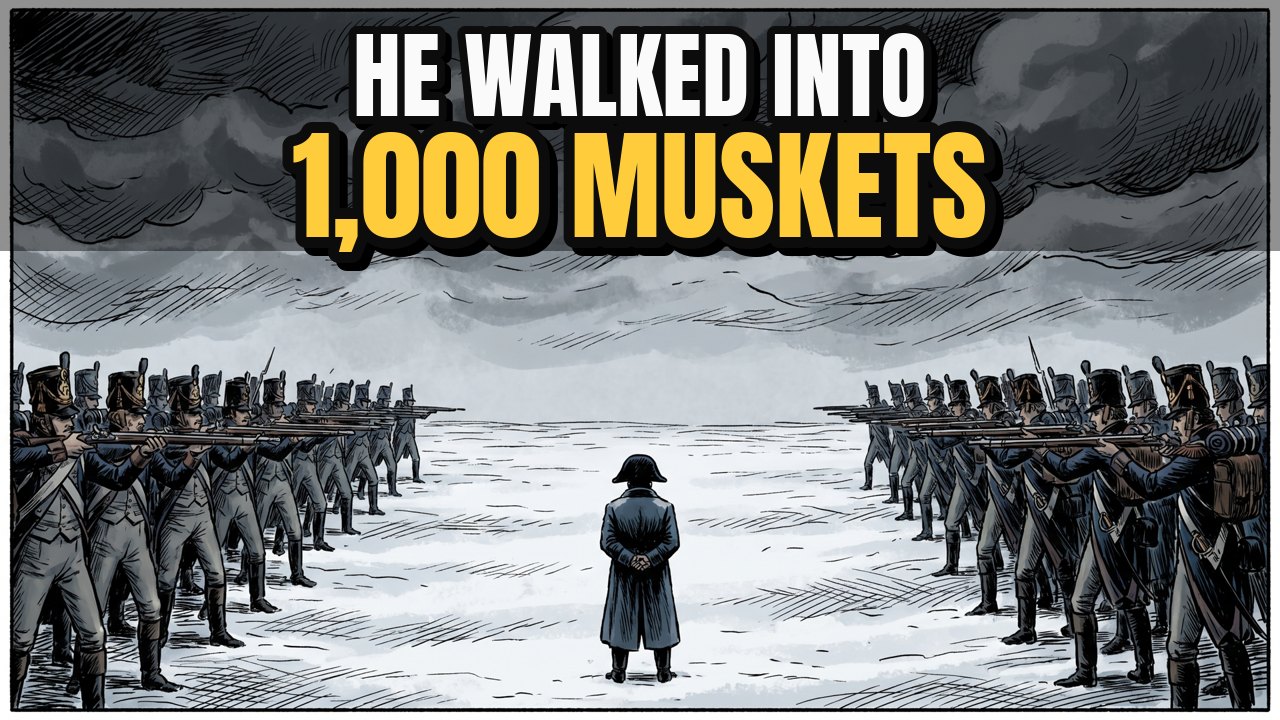 Napoleon throwing open his coat before a wall of muskets